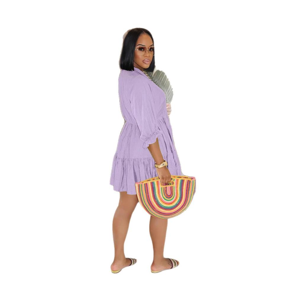 TW748 Casual V-neck Loose Waist Pleated Dress with Three-quarter Sleeves and Wide Hem for Women
