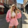 Conjunto Deportivo Casual de Dos Piezas para Mujer con Sudadera con Cremallera Oversize y Pantalones Cortos con Cordón