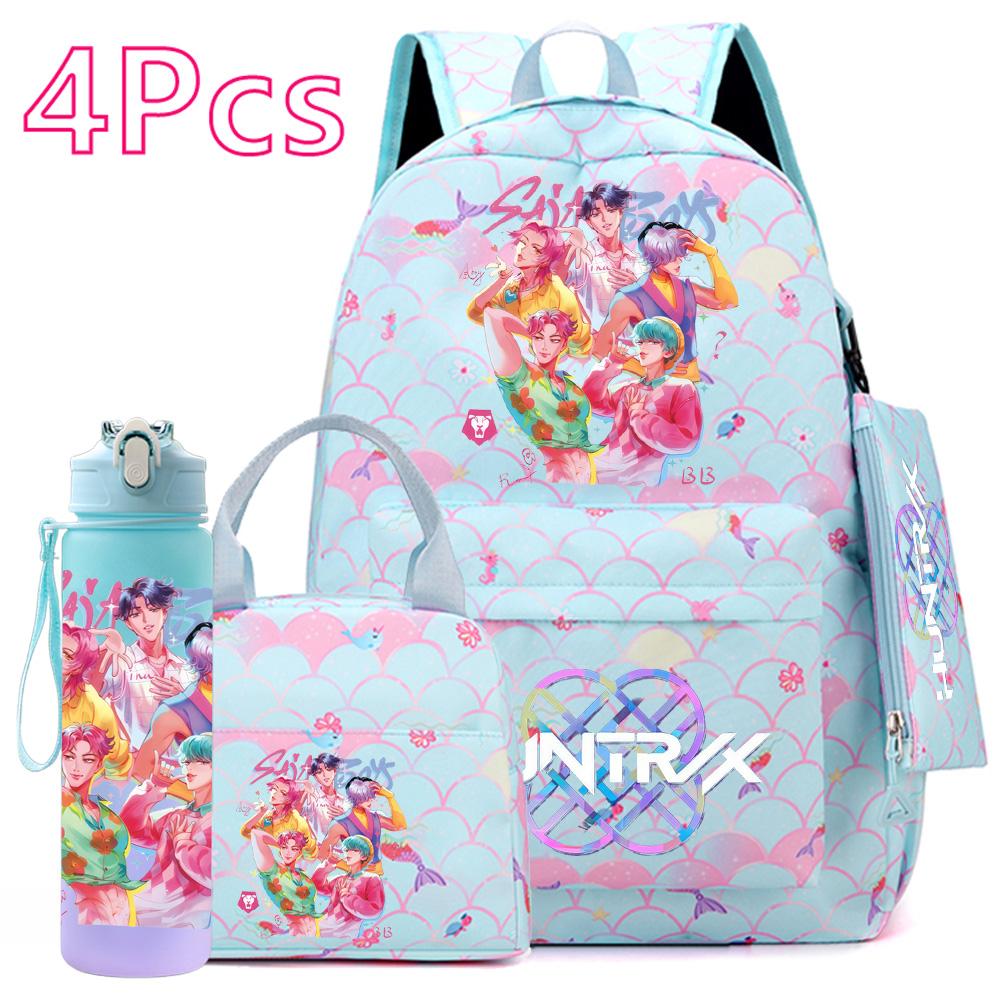 4Pcs/set Anime Cute K-POP Printed Backpack Large Capacity Bookbag HandBag Case Bag with 750ml Water Bottler Boy Girl SchoolBag Waterproof Mochila