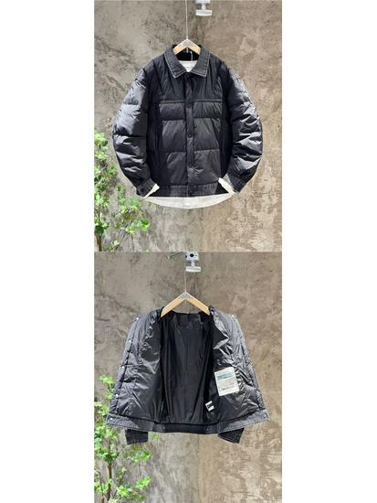 Herren Jacke aus Denim mit Patchwork und weiße Entendaunen: Modisch, Leicht, Zweiteiliges Design, Reverskragen, Einfarbige Winteroberbekleidung