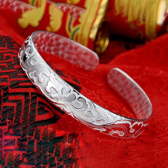 Lady Opening Bracelet Adjustable Circumference Floral Emboss Smooth Polished Wide Wrist Jewelry for Vacation Work Daily Wear