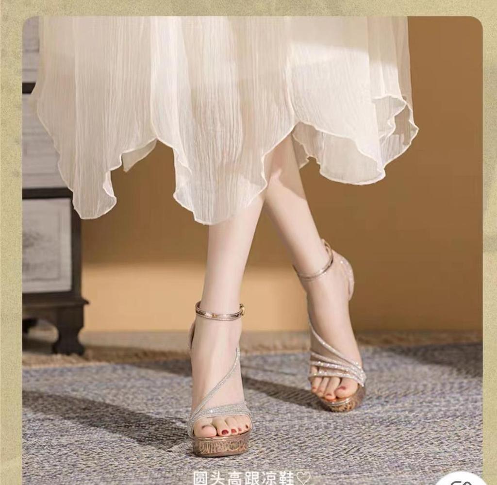 Celebrity Style Heel Fashion Sandals Women's 2025 Spring and Summer New Rhinestone Thin Heel Waterproof Table with High Heels