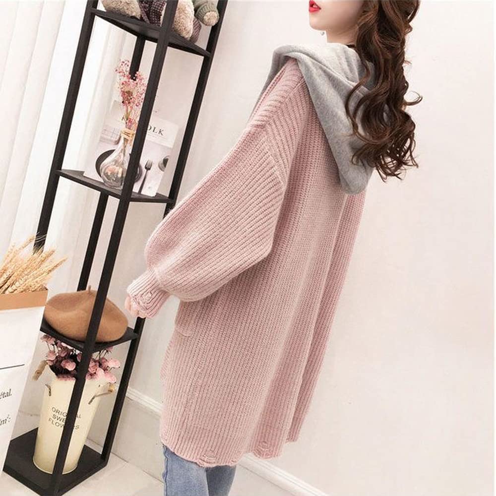 Village Hooded Knit Outerwear Loose D128 H&T Women's Cardigan, Jacket, Stylish, Elegant, Casual, Fit, Oversized, Popular, Warm, Autumn/Winter, (L,