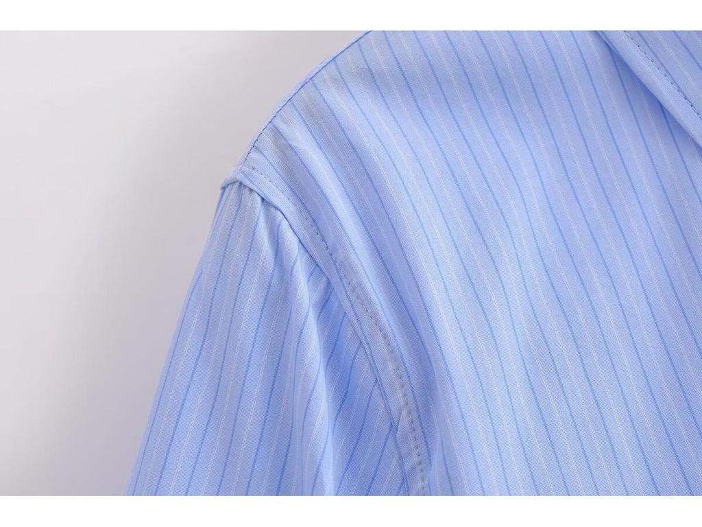 Spring 2025 Women's European-American Striped Poplin Long Sleeve Shirt with Turn-Down Collar