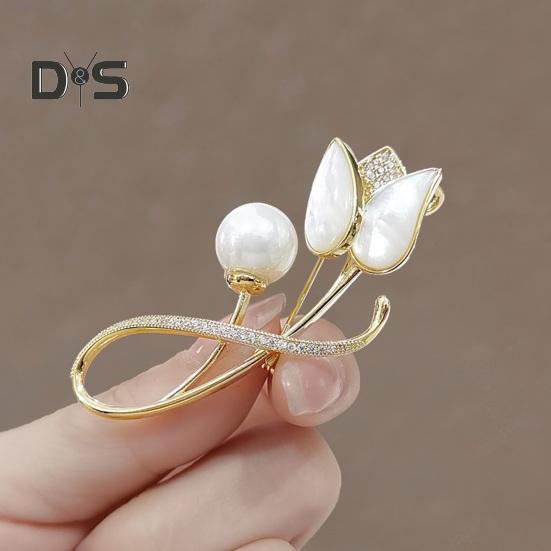 Women Brooch Faux Pearl Rhinestone Tulip Shape Stainless Anti-slip Wear-resistant Coat Collar Hat Scarf Decoration Clothes Pin Garment Jewelry