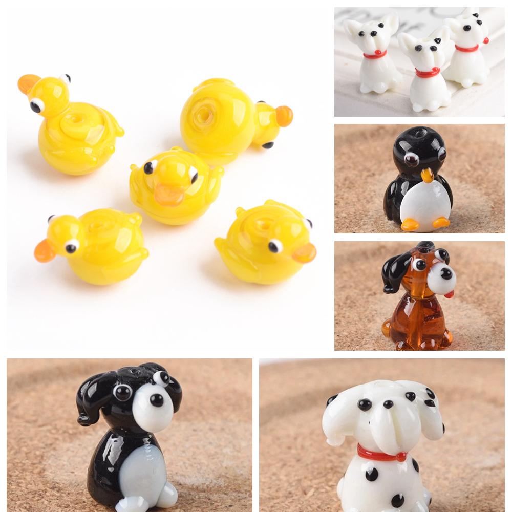 2pcs 16x15mm Yellow Duck / 24x16mm Penguin/White Dog Shape Handmade Lampwork Glass Loose Beads for Jewelry Making DIY Crafts Findings