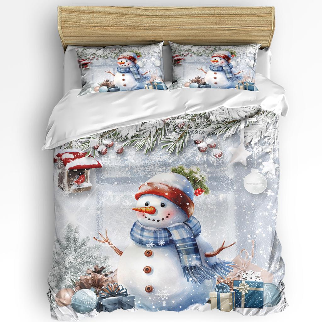 Christmas Poinsettia Ball Fir Leaves Snowman 3pcs Bedding Set For Double Bed Home Textile Duvet Cover Quilt Cover Pillowcase