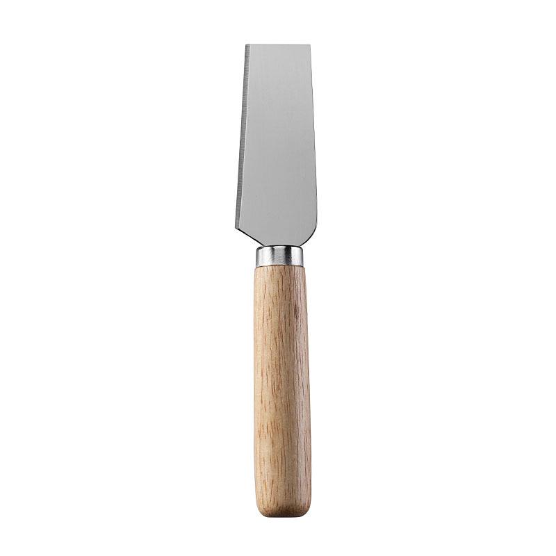 Stainless Steel Cheese Tools Set with Rubber Wood Handle, Including Cheese Knife, Slicer, Butter Knife, and Fork.