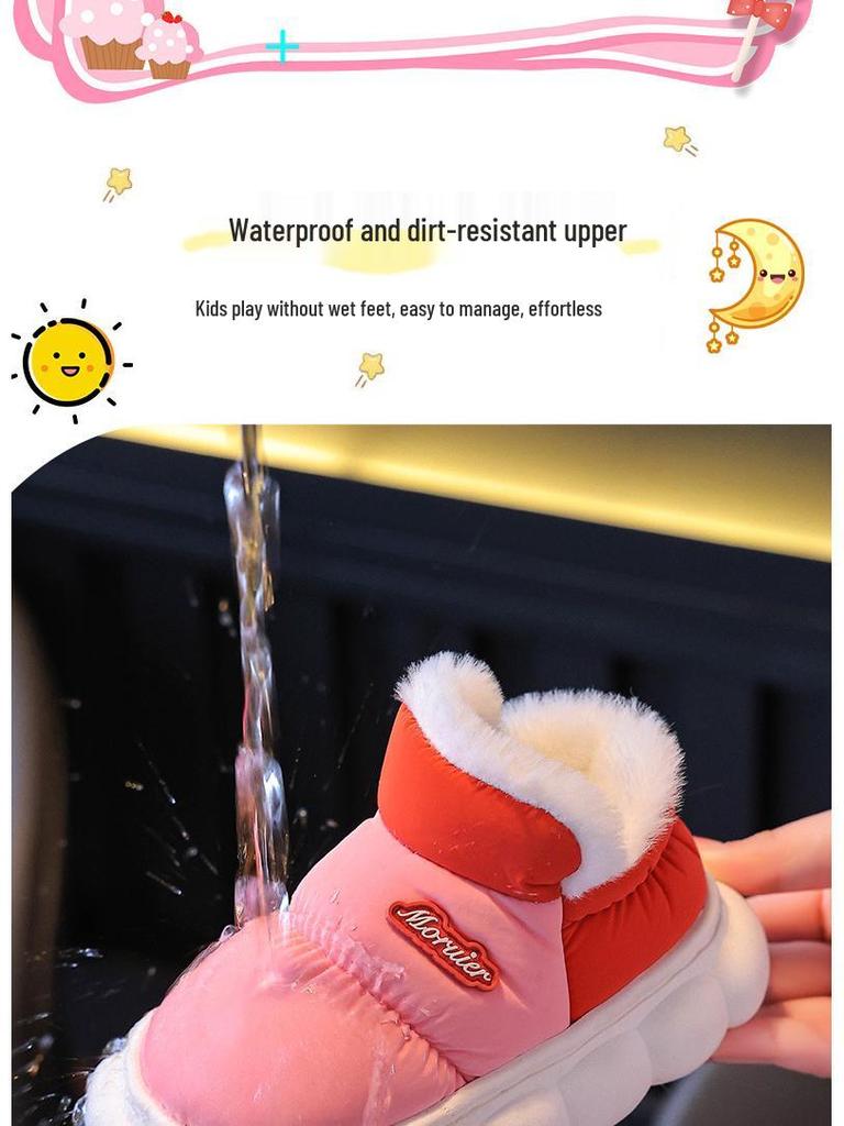 Children's Winter Velvet-Lined Cotton Slippers with Heel Support - Non-Slip, Waterproof, Warm Shoes for Big Kids & Parent-Child Pairs