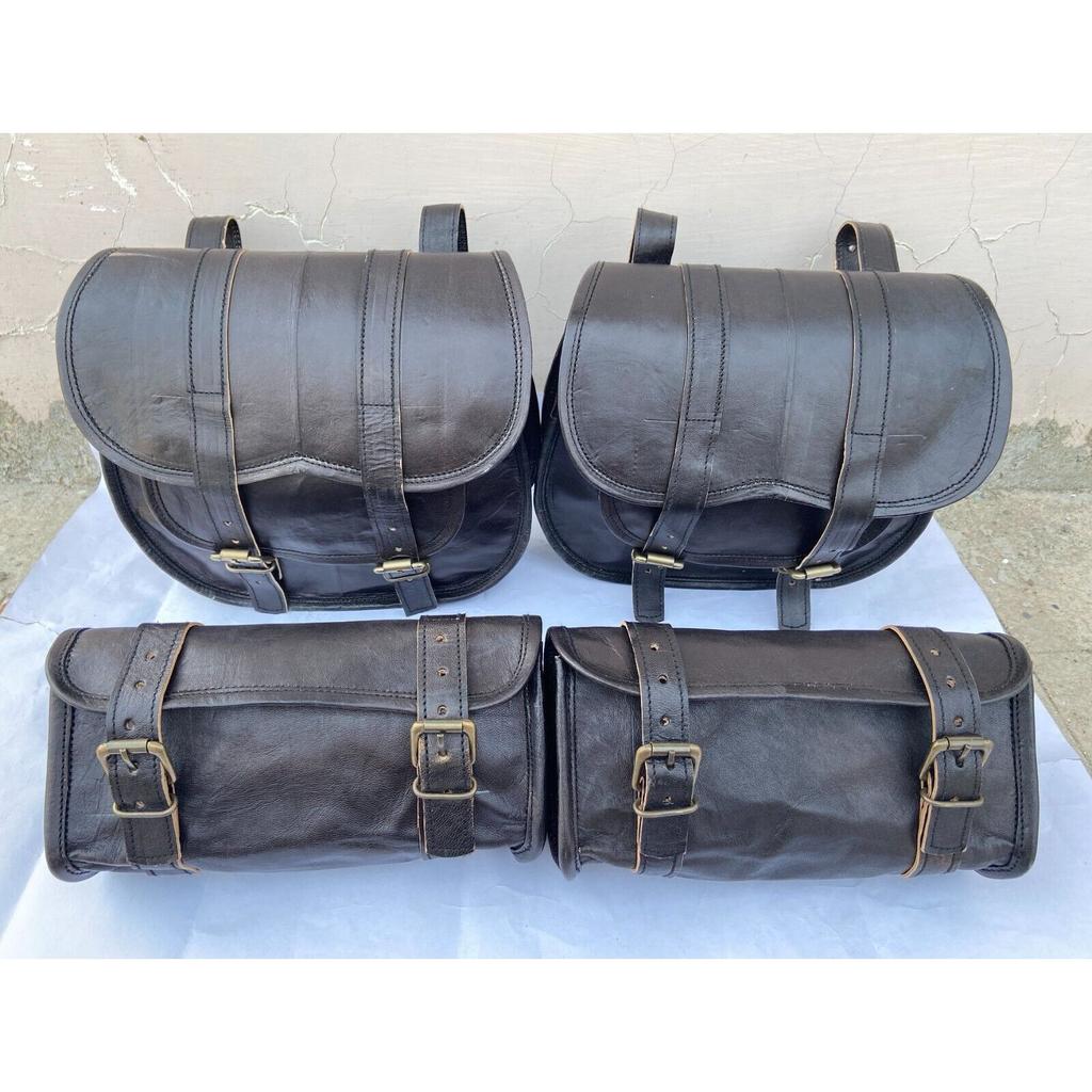 Saddle Bags Four Black Leather Motorcycle Side Pouch Panniers 4 Bags Combo Pack
