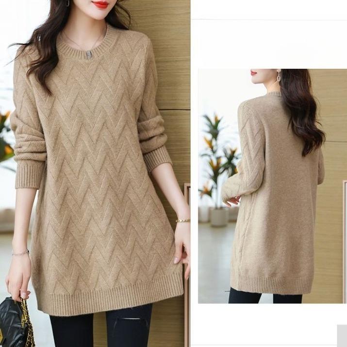 Women's Mid-length Sweater Loose Korean Style Large Size Pullover Outer Wear Pure Color Casual Long-sleeved Knitted Shirt