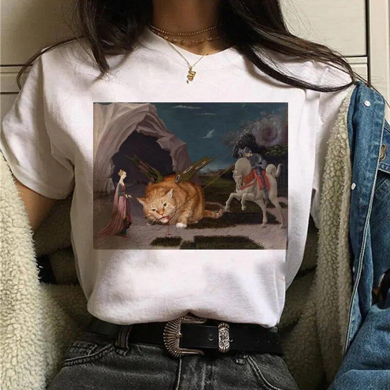 Camiseta Gato Van Gogh woUnisex estampado artístico pintura al óleo hermosa linda divertida camiseta dibujos animados años 90 ulzzang top casual camiseta mujer