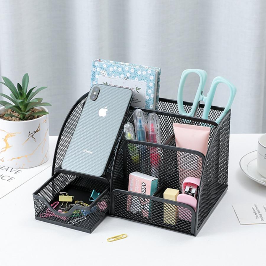 Multi-grid Metal Creative Pen Holder and Pen Bucket; Functional Office Stationery Storage Drawer Storage Box