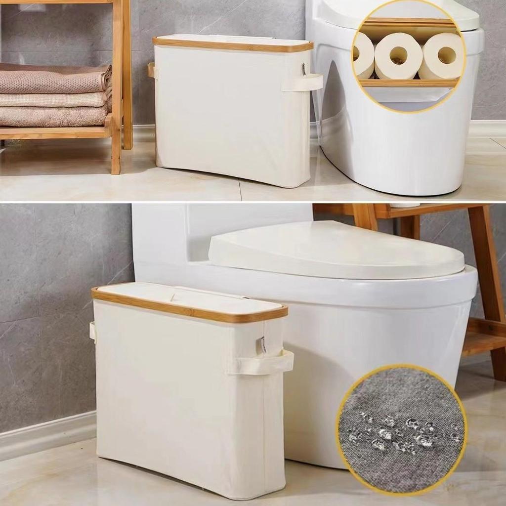 Modern Bamboo & Fabric Foldable Storage Basket with Lid for Paper Towels and Toiletries