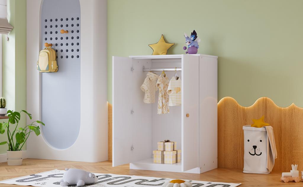 Small Wardrobe with Rail, 2-Door Wardrobe, Bedroom, Living Room, Children's Wardrobe, MDF, White