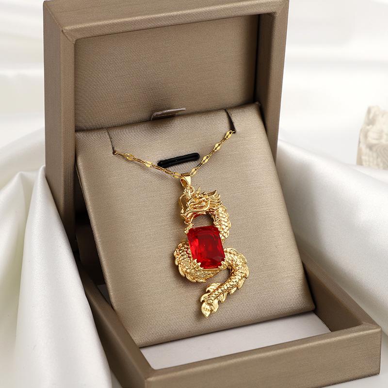 Copper Micro-inlaid Zircon Hip-hop Loong Ruby Pendant Necklace Temperament Light Luxury Niche Design.