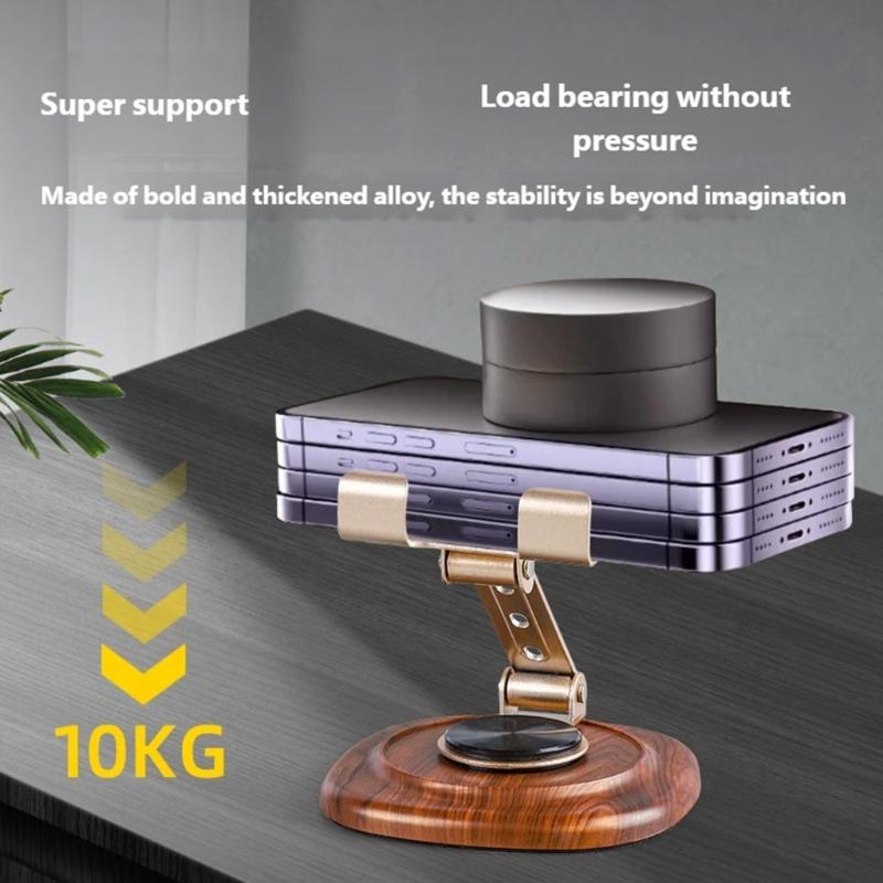 Support de téléphone en métal Support Rotation à 360 degrés Ergonomique Pliable Portable Base en bois de noyer Port de chargement inclus