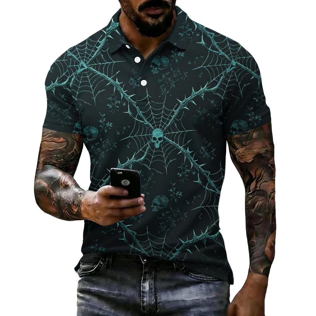 Men's Halloween Print Short Sleeve Polo Shirt Loose Fit Casual Summer Everyday Top with Button Placket and Classic Collar for Daily Wear