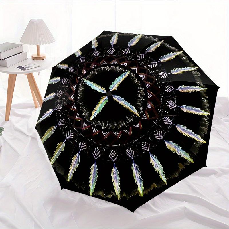 1pc Feather Mandala Themed Umbrella, 8 Rib Frame,Automatic Opening 3 Fold Umbrella, Lightweight and Durable Couple Umbrella-208