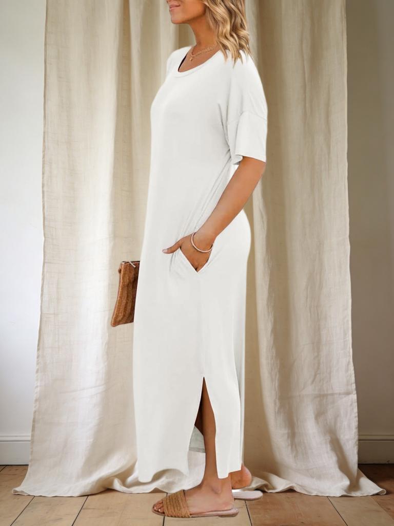 Womens T Shirt Dress Drop Shoulder Side Slit Loose Maxi Dress With Pockets