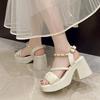 Fashion Comfort Shoes for Women Pearl Sandals Fashion Chunky Suit Female Beige Increasing Height Block Heels All-Match Black Bow 2025