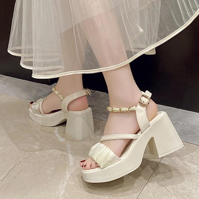 Fashion Comfort Shoes for Women Pearl Sandals Fashion Chunky Suit Female Beige Increasing Height Block Heels All-Match Black Bow 2025