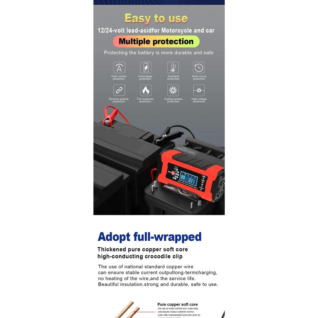 24V 5A 12V 10A Battery Charger Smart Fast Charging for Car Batteries 7-Stage Charge Pulse Repair for AGM GEL WET Lead Acid