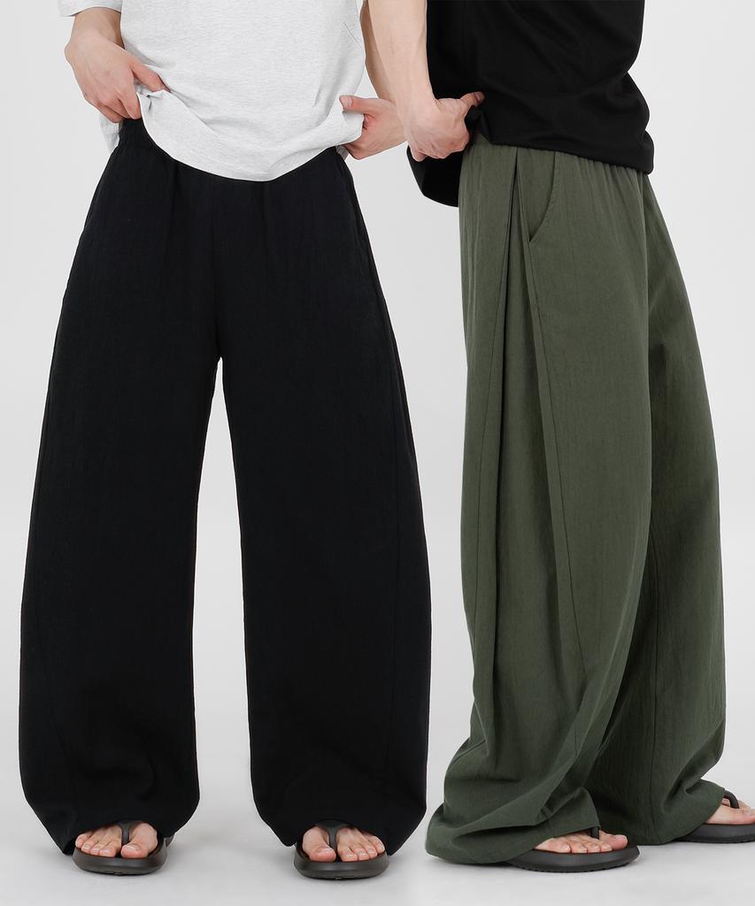 Opeumeideu Side Pintuck Linen-Like Curved Pants