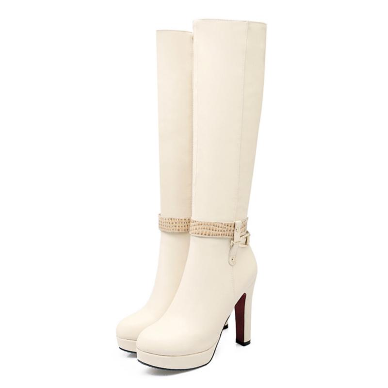 Kadın Yüksek Çizmeler Kış Platform Seksi Siyah Beyaz Topuklu Diz Üstü Çizme Kadın Moda Tokalı Fermuarlı Uzun Çizmeler Bayan
