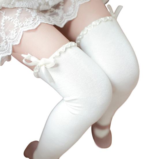 

1 пара женских длинных чулок с волнистой отделкой и бантом, высокие эластичные теплые гольфы, однотонные гольфы белый