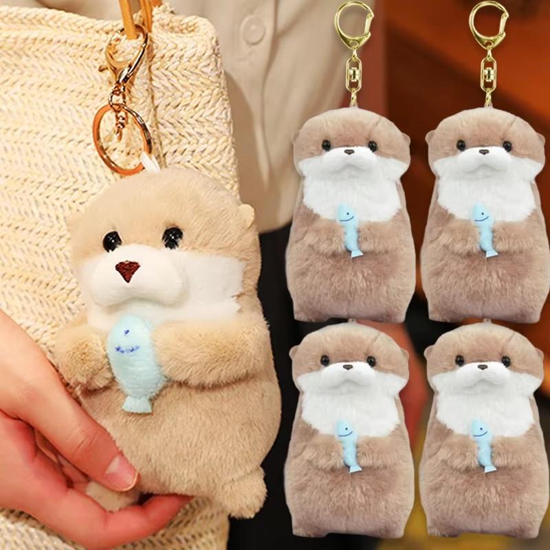 10/1pcs Cute Otters Holding Fish Plush Doll Keyrings Lightweight Hanging Pendant Props For School Bag Key Wallet Doll Toy Gifts