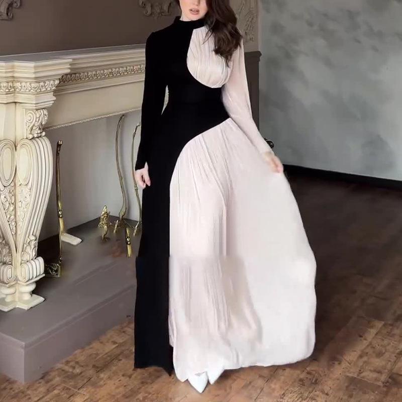 2024 Autumn/Winter Women's European Retro Color Block Slimming Long Sleeve Evening Dress