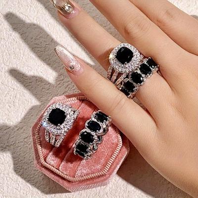 2 Adet/set Vintage Gümüş Rengi Siyah Taş Yüzük Seti Düğün Bandı Sevgililer Günü Takısı