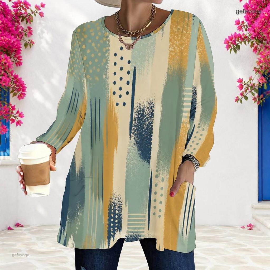 Women Plus Size Round Neck Long Sleeve Blue Printed Loose Longline T Shirt With Pockets