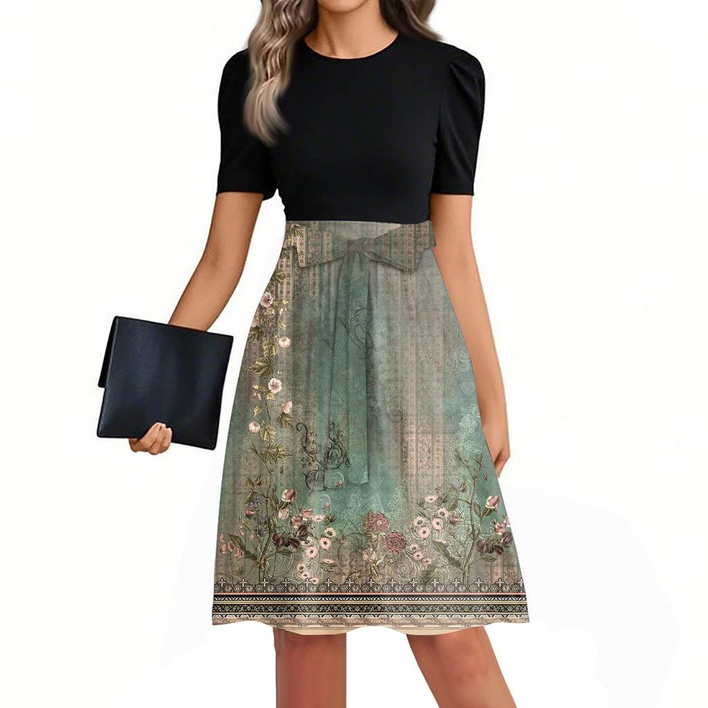 Dámské módní ležérní šaty s krátkým rukávem, kulatým výstřihem a potiskem patchworku