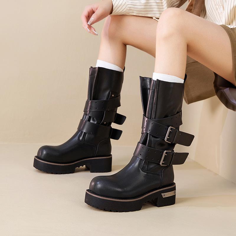 

Venom Big Head Unisex Leather Buckle Dark Mid-Calf Height-Increasing Retro Pointed Toe Motorcycle Boots with Thick Sole. 36 чорний