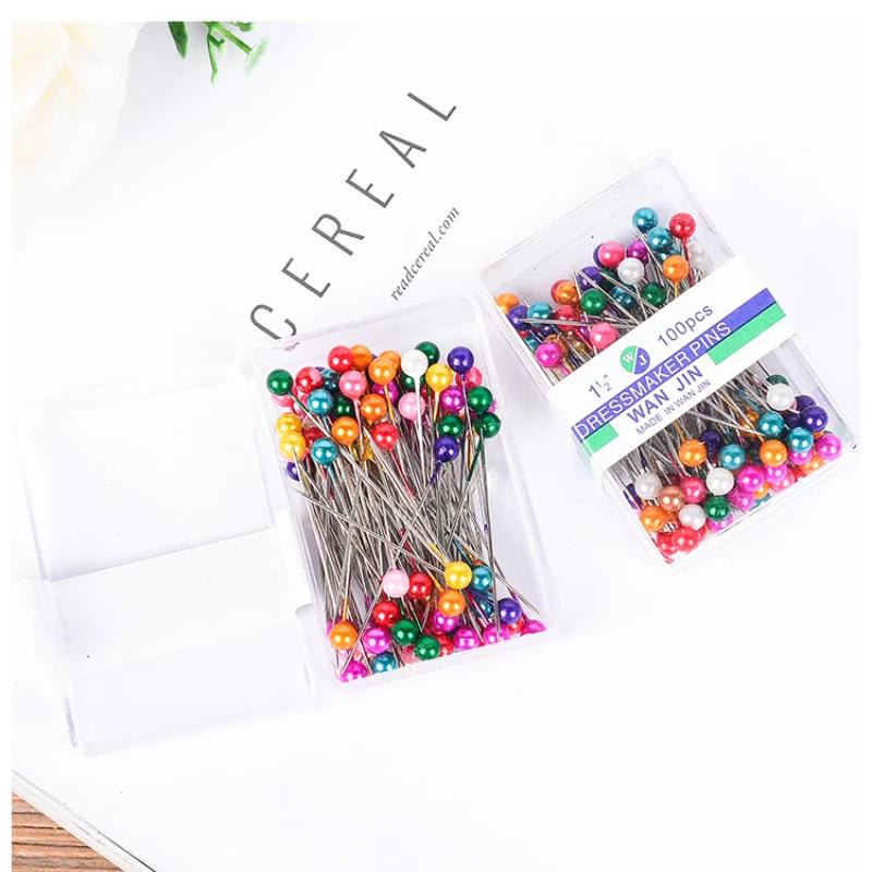 100Pcs/Box 38cm Colorful Round Pearl Head Needles Stitch Straight Push Sewing Pins For Dressmaking DIY Sewing Tools Positioning