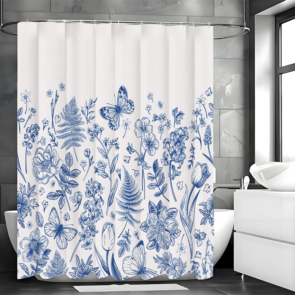 

Синяя цветочная шторка для душа с бабочками, Декоративная шторка для душа для ванной комнаты, Водонепроницаемая шторка для душа с крючками 200*180cm