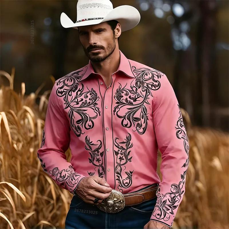 Chemise Western Décontractée en Denim pour Homme, Nouvelle Mode, Motif Imprimé 3D, Chemise Décontractée Rétro pour Vacances avec Boutons, Manches Longues Shi