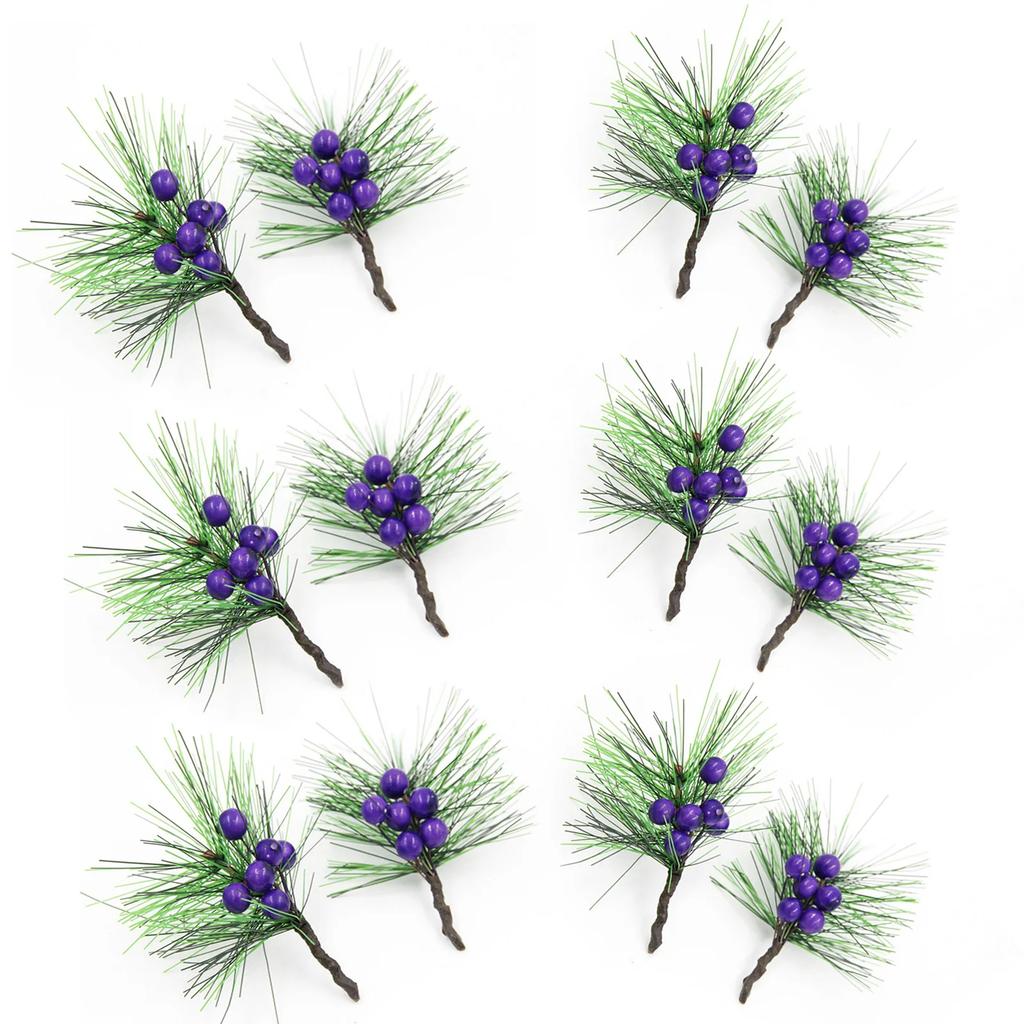 12 pièces Fait Main DIY Mini Branches de Pin Aiguilles Baies Rouges Accessoires Couronne de Noël Boîte Cadeau Plantes Artificielles Arrangement Floral