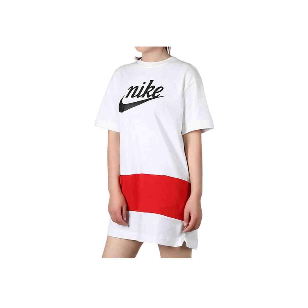 Nike Logo Print Round Neck Short Sleeve Dress Women Dresses White Red CJ3716-100