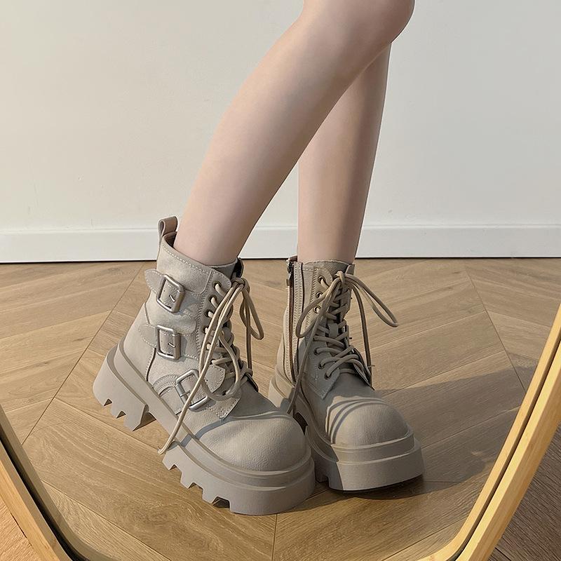 

Thick-soled muffin strap recreational locomotive boots new buckle splicing cloth surface small short boots Martin boots women 40 серый