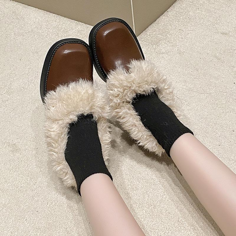 Schaffell-Version~ Dicke Ferse Retro Fluffy Schuhe Damen Kopf Echtleder Ein-Pedal Einzelne Schuhe Winter Samt Warm Kleine Lederschuhe