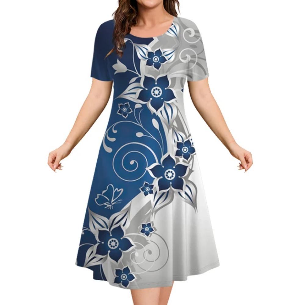 Estampa floral feminina elegante vestido midi, roupas femininas de manga curta extragrande, moda verão, 2024
