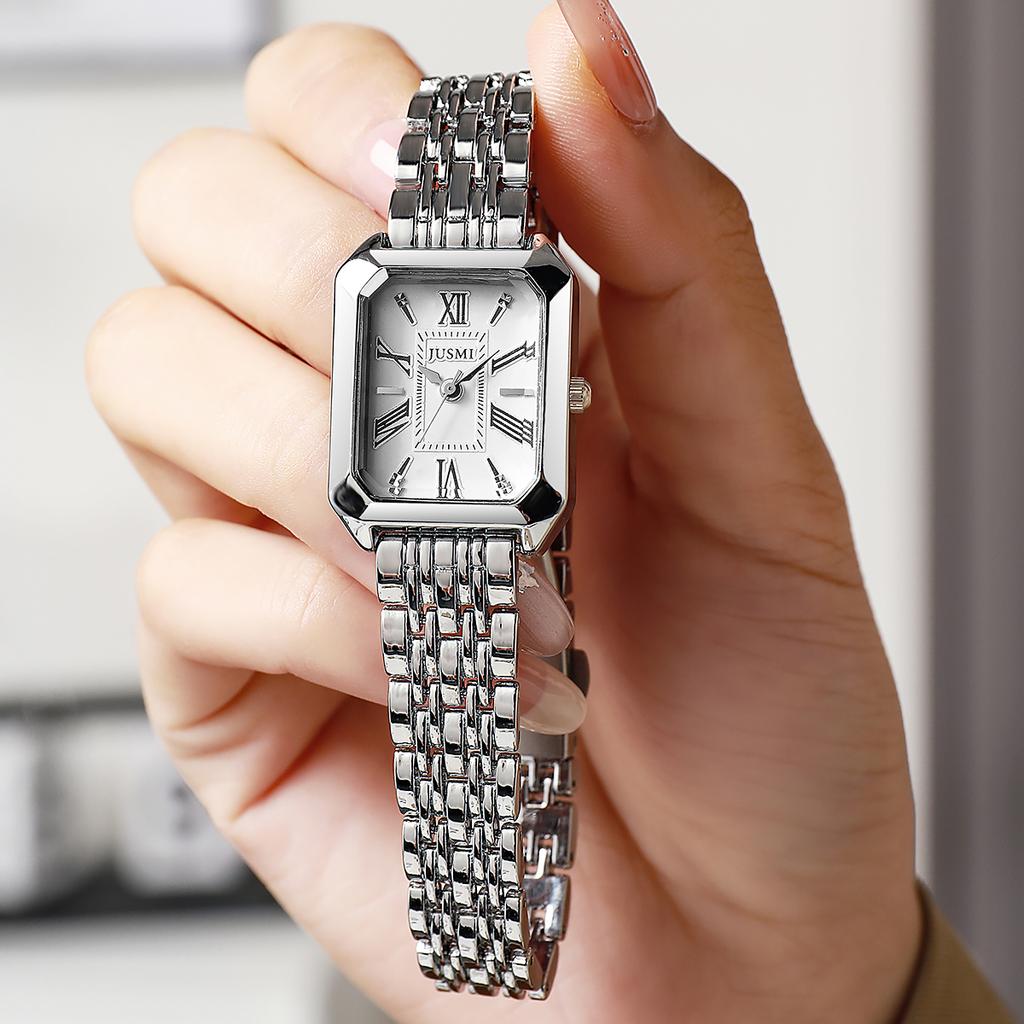 Fashion Light Luxury Square Roman Dial with Steel Strap for Women Quartz Watch for Christmas and Halloween Gifts