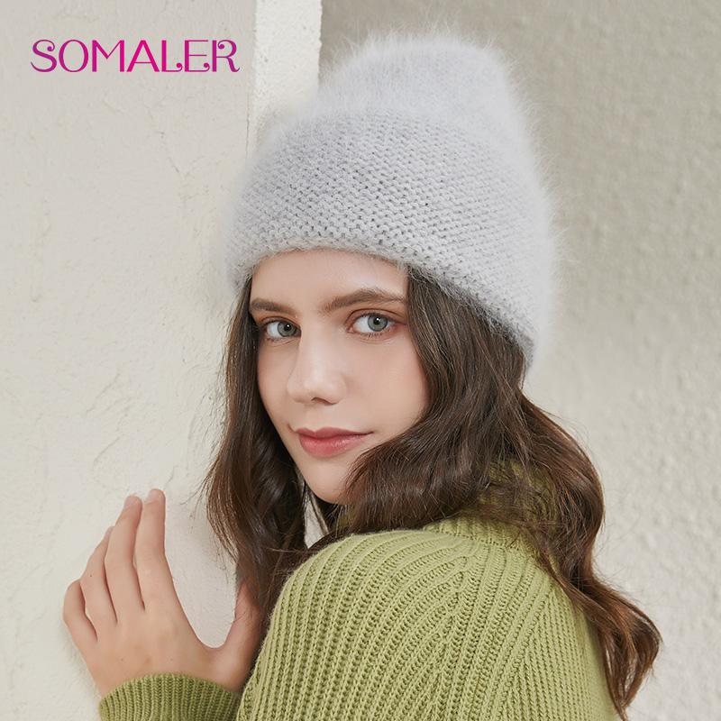 SOMALER Winter Angora Lana Maglieria Cappelli a maglia per donne Cappello a  polsino largo con decorazione Moda Cappello da sci caldo Spesso Cappello da  sci Skull Cap acquista in modo economico — spedizione