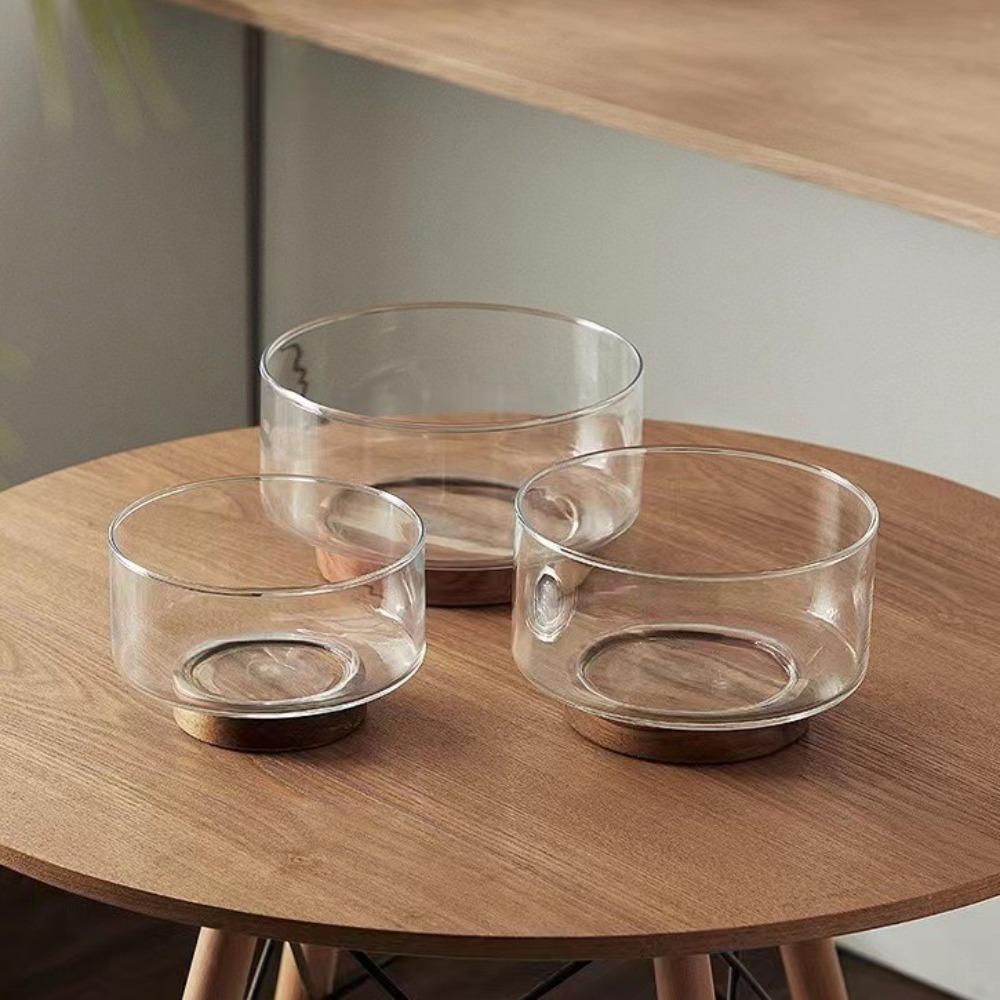 Wood Base Glass Fruit Bowl Transparent Glass Snack Storage Bowl Creative Salad Bowl Party