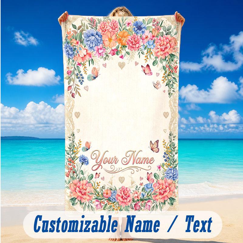 Floral Garden Theme Beach Towel Personalized Custom Name & Text Soft Quick Dry Beach Towel for Swimming Travel