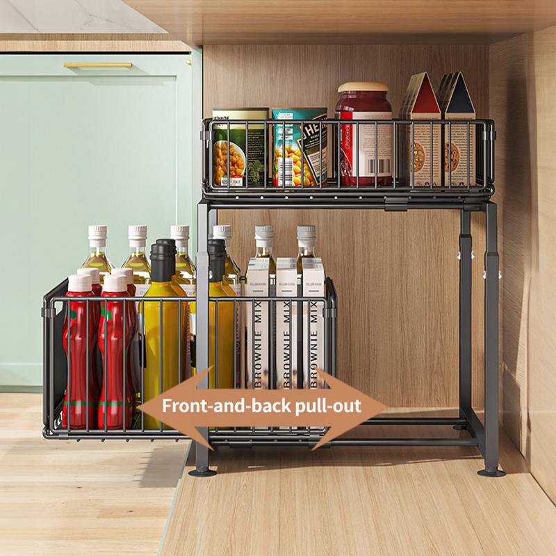 Double Drawer Sink Storage Rack Adjustable Height Household Sliding Cabinet Basket Space Saving Kitchen Storage Rack