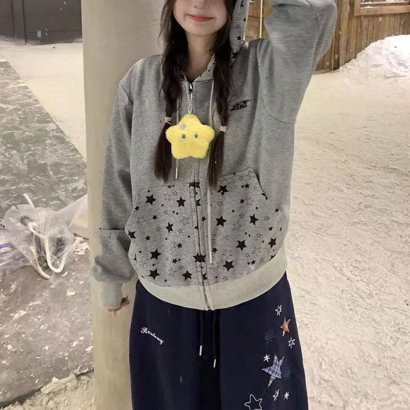 

Fashionable Star Hooded Casual Sweatshirts Autumn Winter Fleece Printed Women s Clothing Zipper Loose Pockets S серый